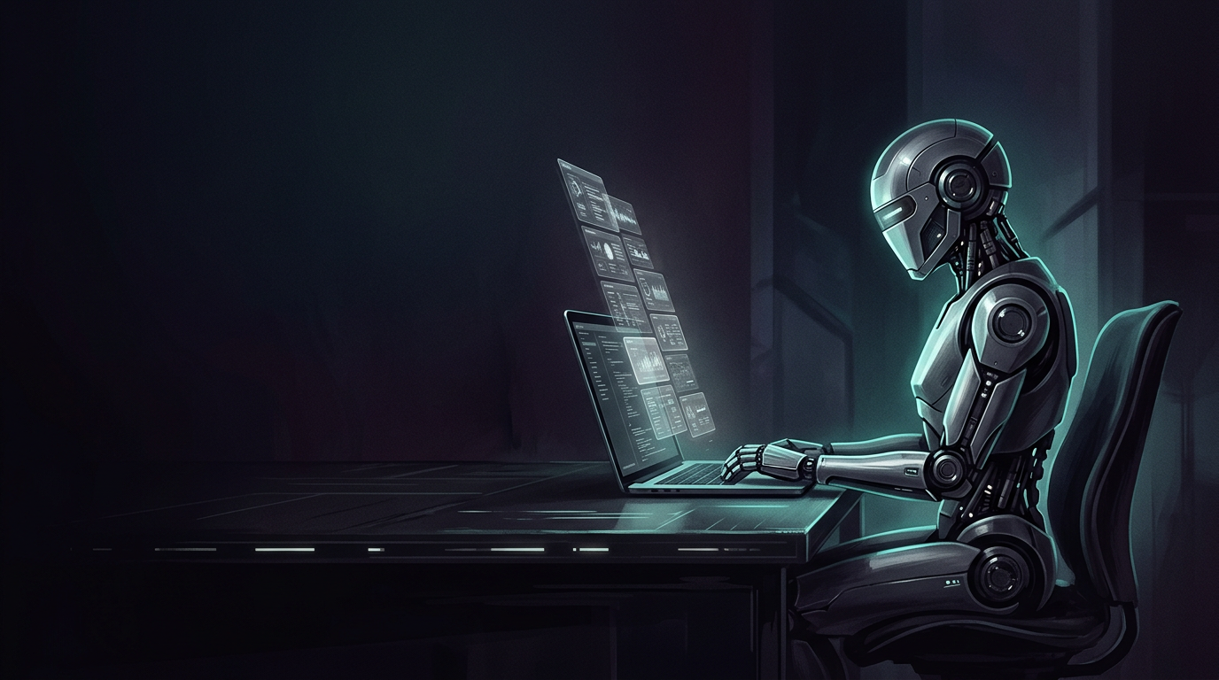 Illustration: a robot agent reading a scroll of event cards on a laptop