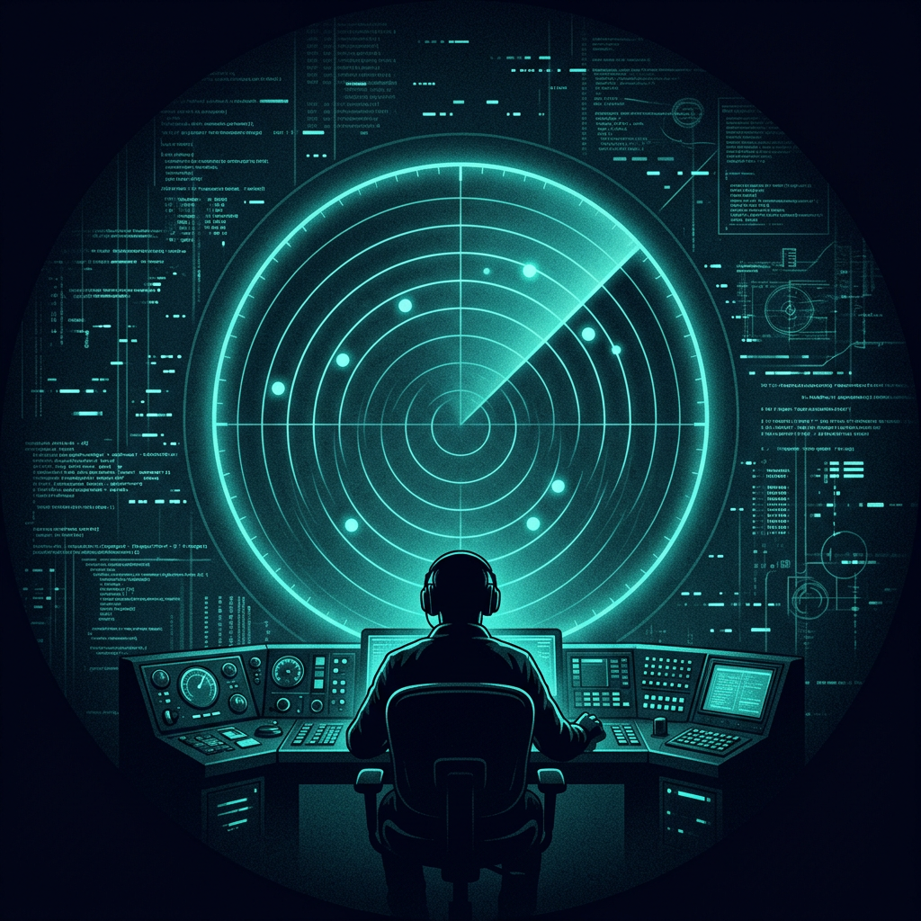 Illustration: an operator at a console watching a radar sweep over a field of marked points