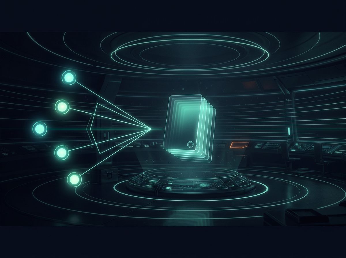 Illustration: five provider nodes feeding lines into one floating stack of event cards
