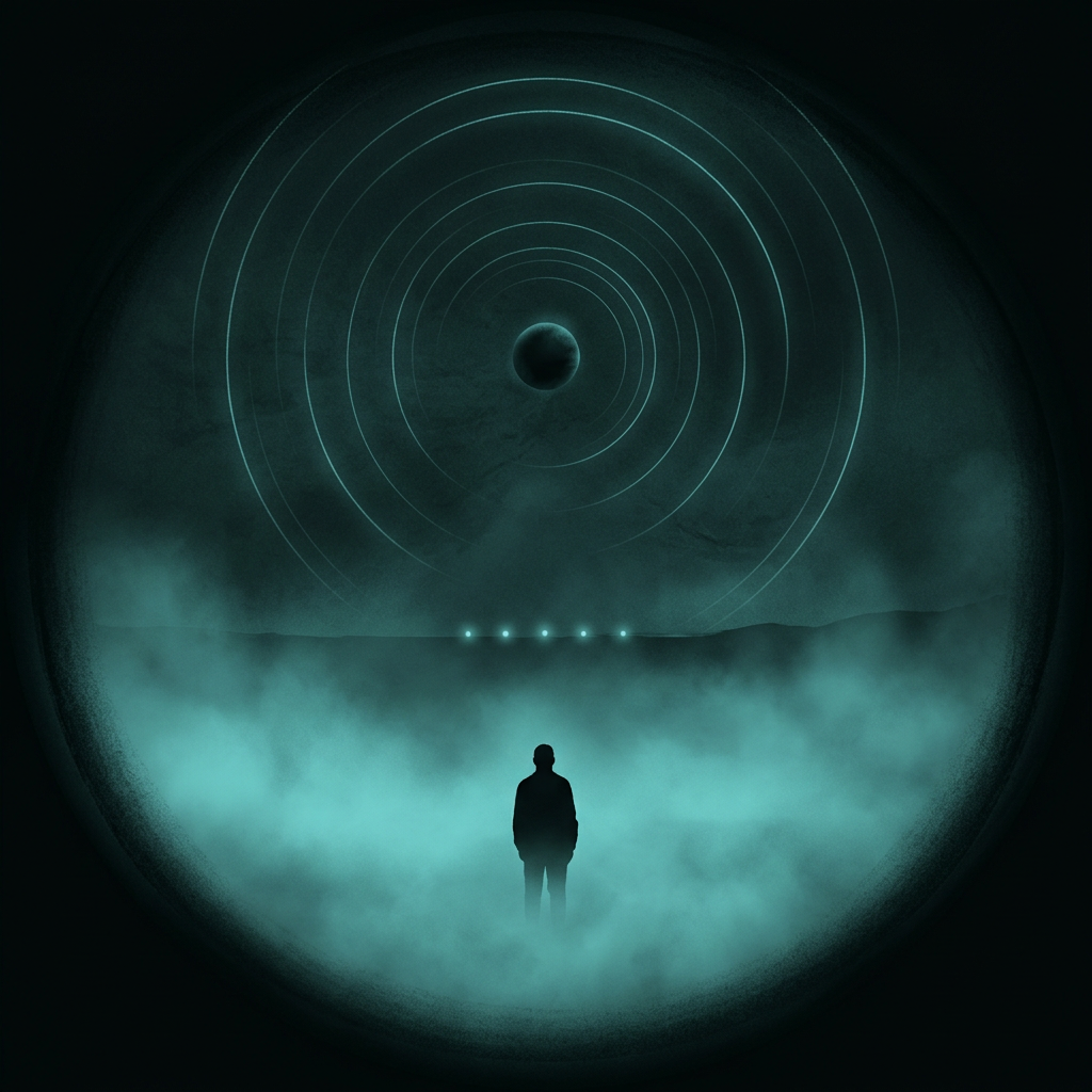Illustration: a lone figure standing in fog beneath concentric rings