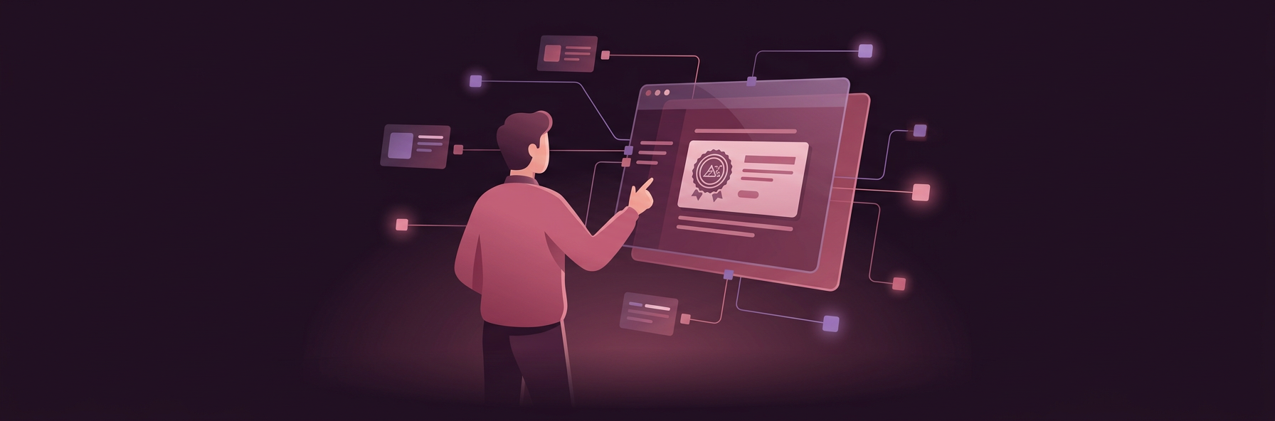 Illustration: a person pointing at a screen that shows a sealed proof card, linked to smaller cards